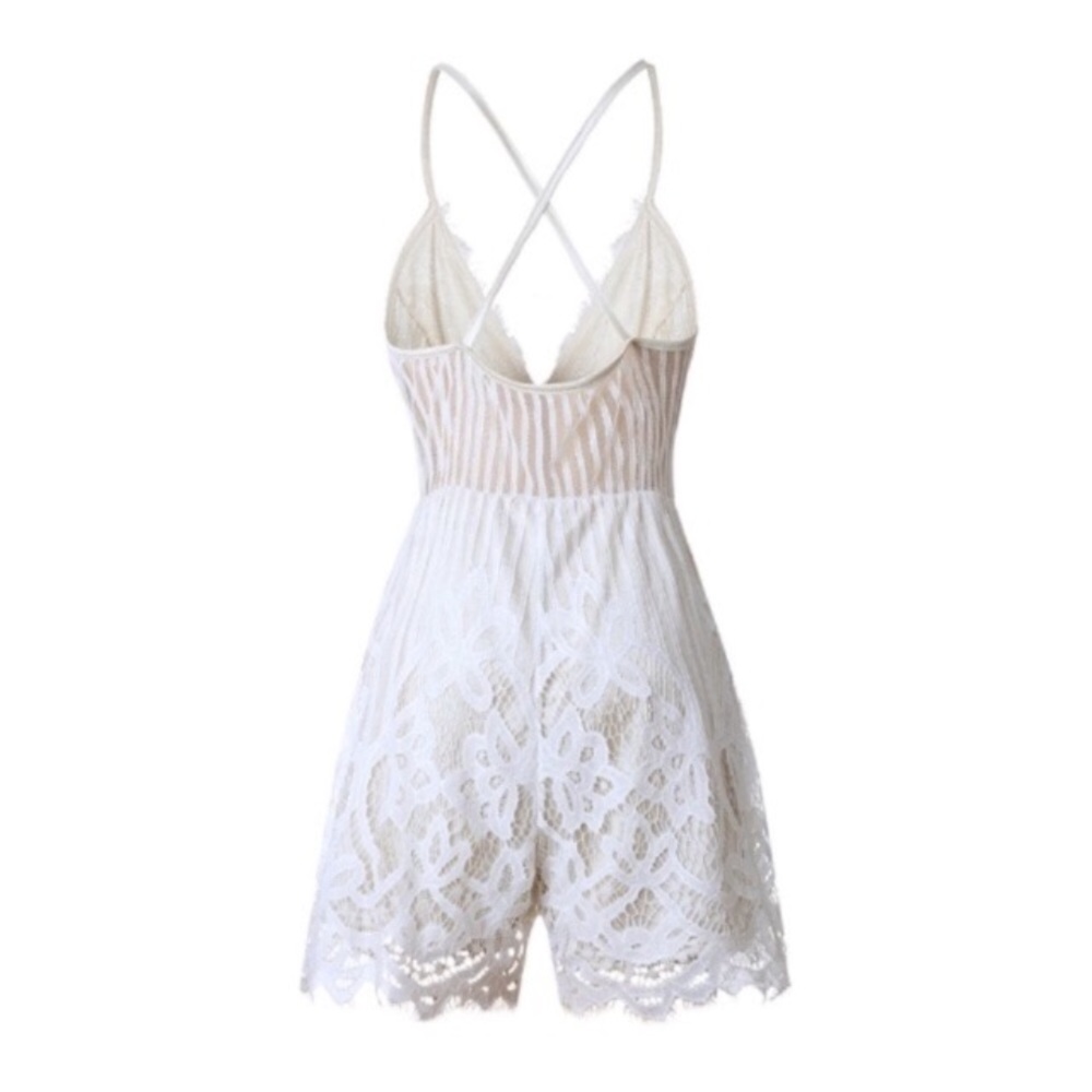 Criss Cross Open Back Ivory Floral Lace Romper - Picture 3 of 3